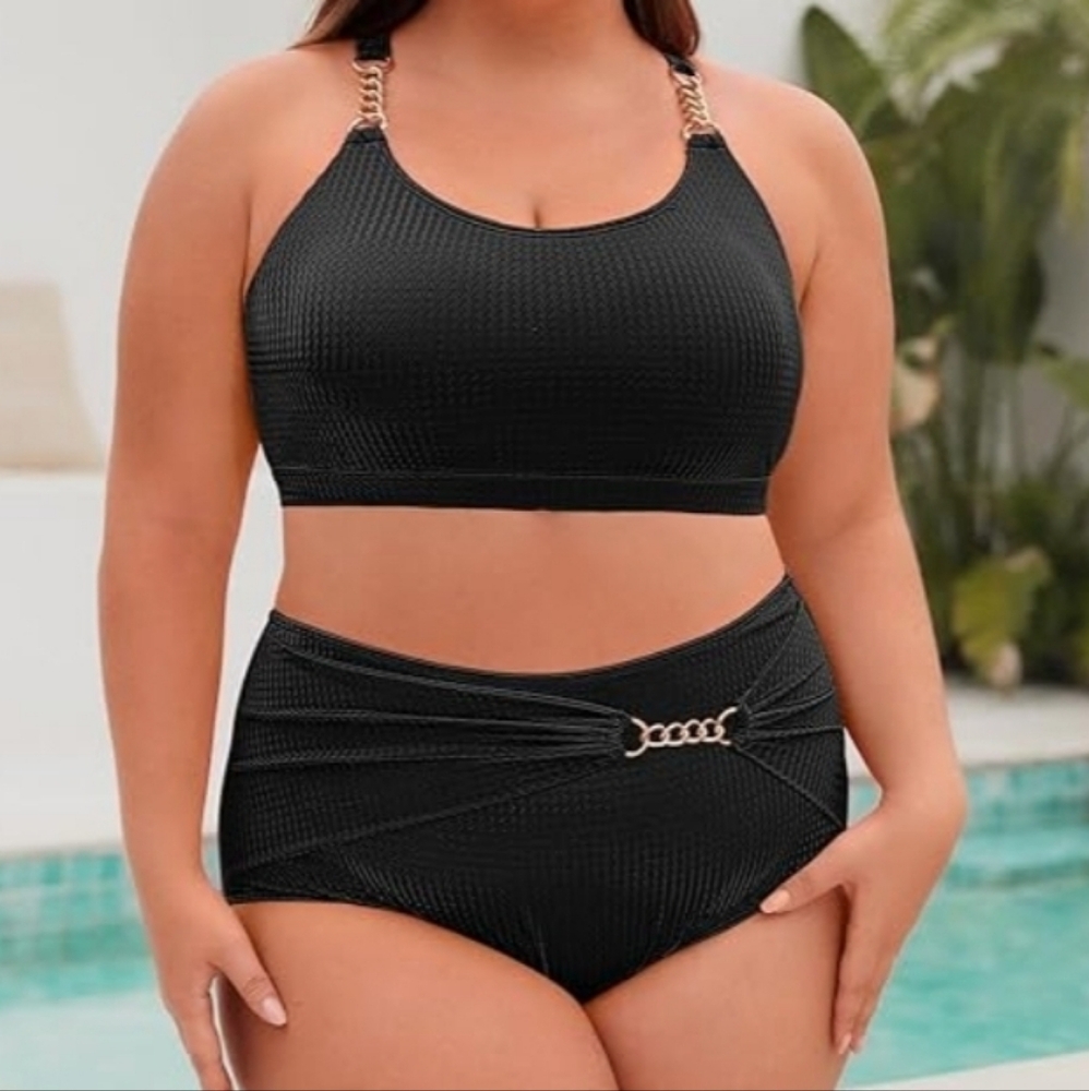 Hanna Nikole Textured 2 Piece Black Gold Chain Bikini Swimsuit 16W NWT